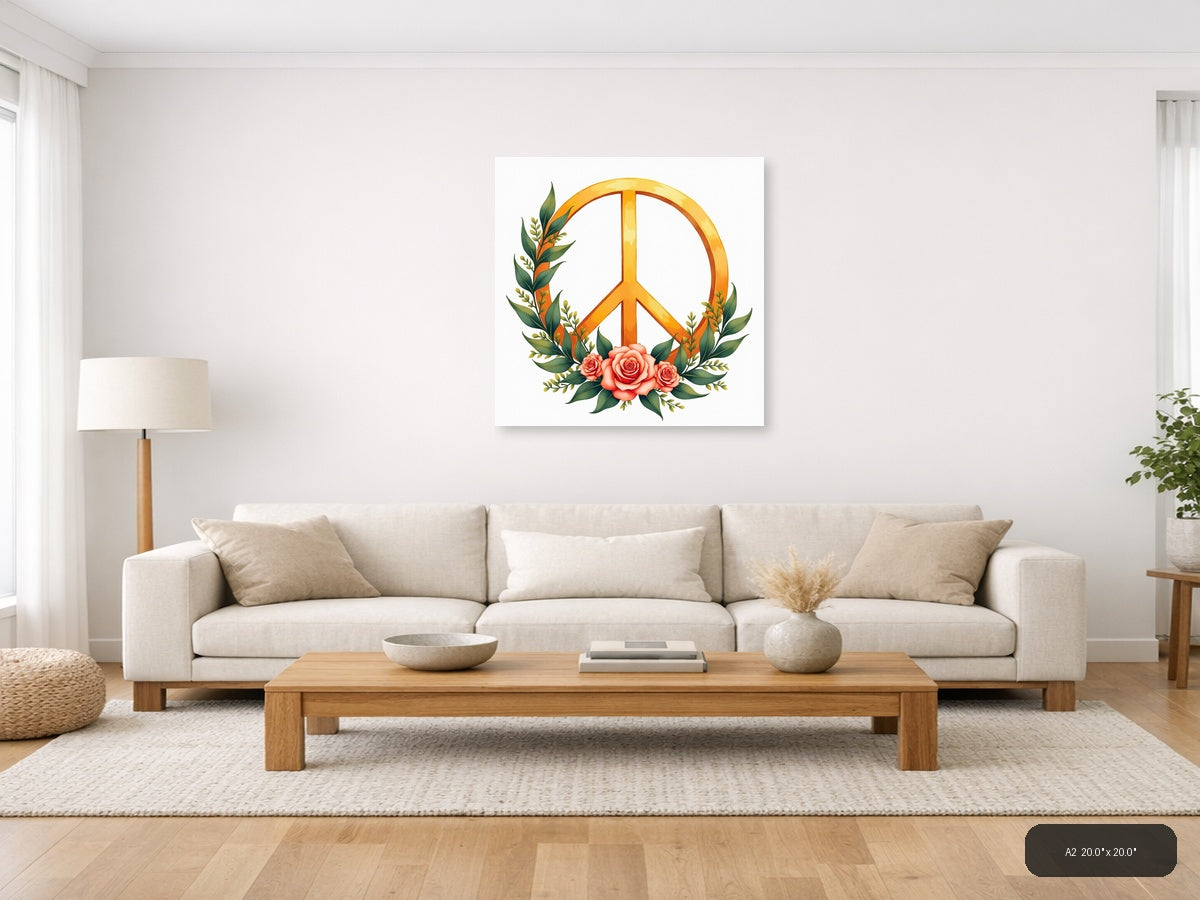 Golden Peace Sign with Roses Watercolor Wall Art — A2 / Living Room