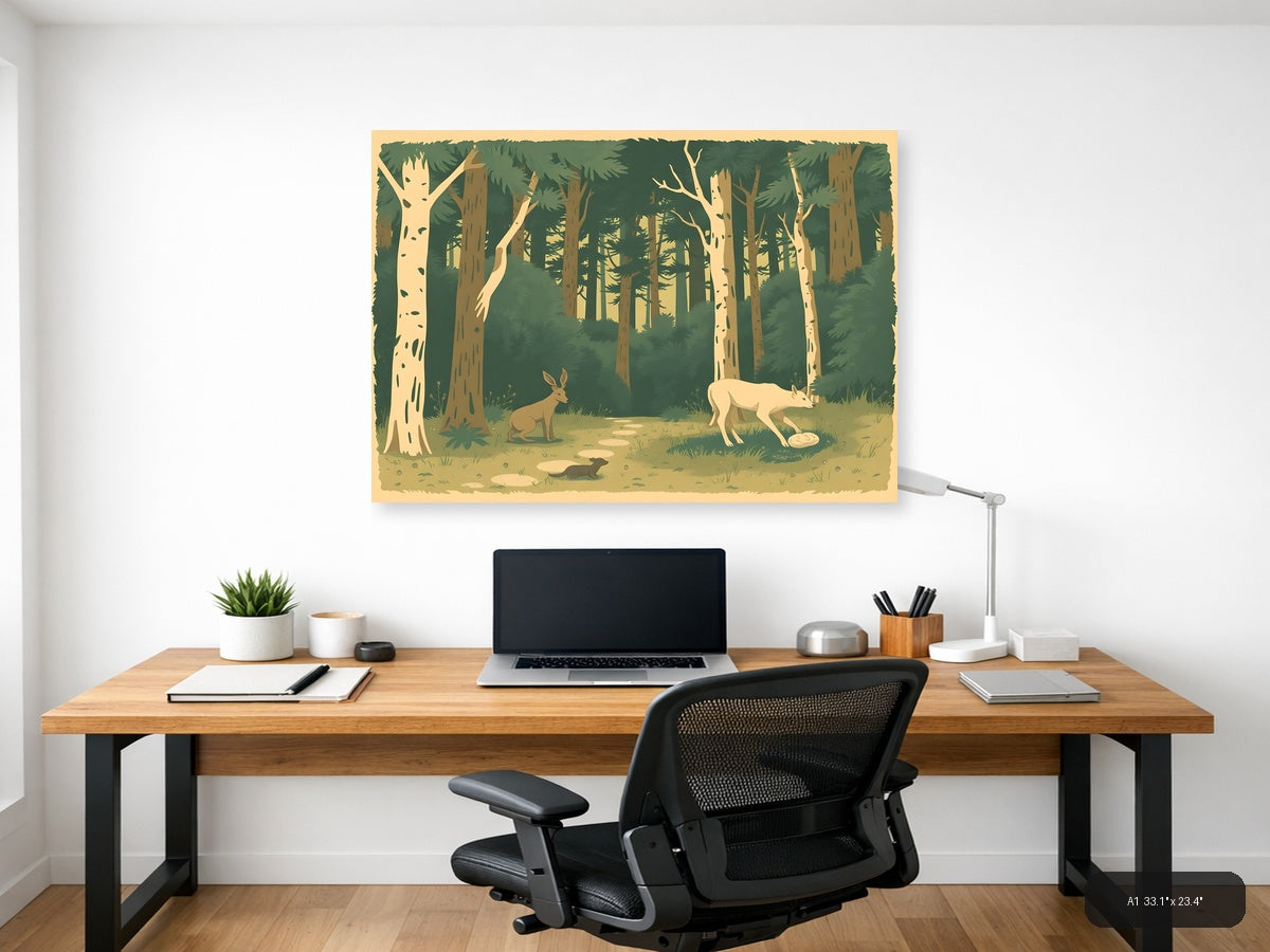 Vintage Forest Wildlife Landscape Wall Art — A1 / Office