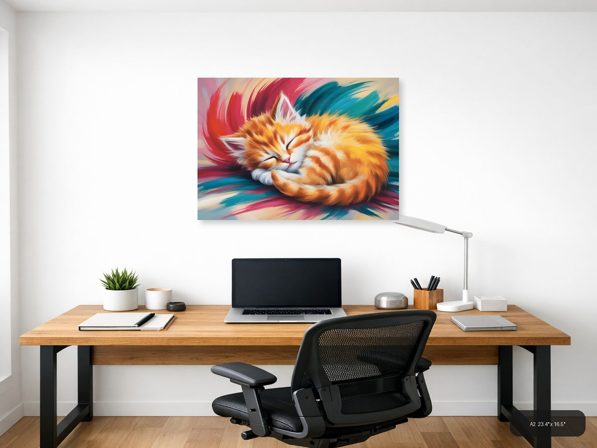 Sleeping Ginger Cat Abstract Brushstroke Wall Art — A2 / Office