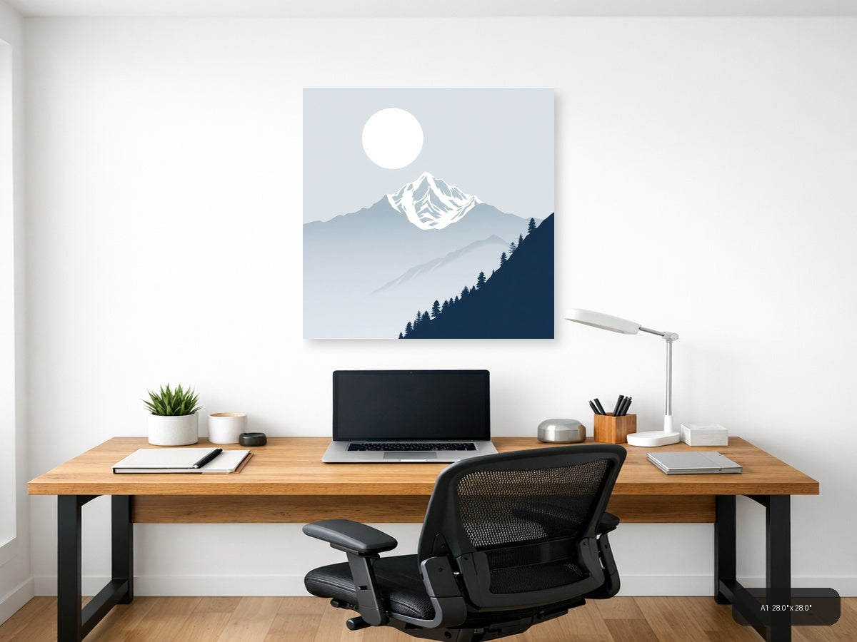 Snow-Capped Mountain Moon Night Sky | Minimalist Landscape Wall Art — A1 (Office)