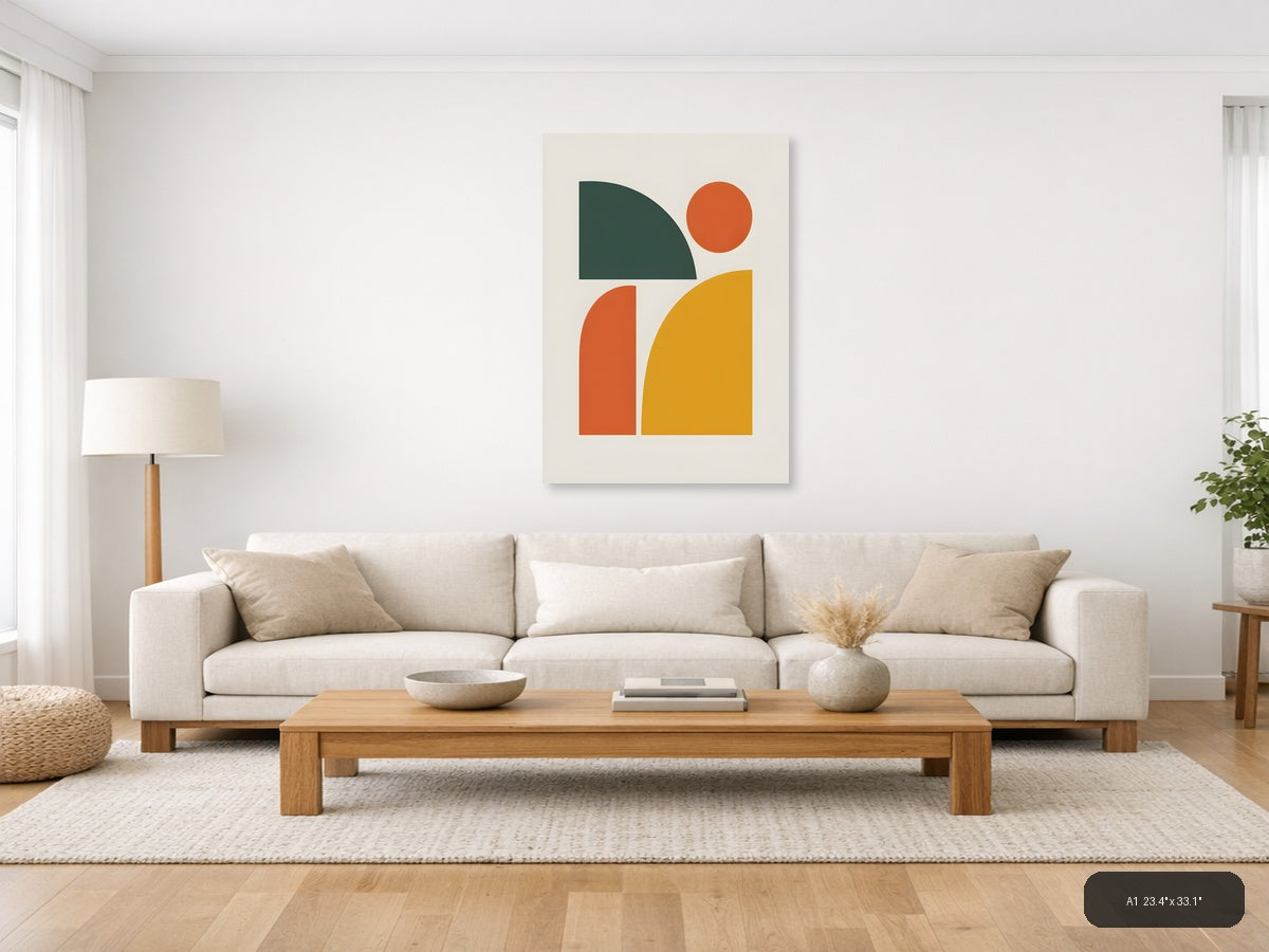 Minimalist Geometric Shapes in Green, Orange & Gold Wall Art — A1 / Living Room
