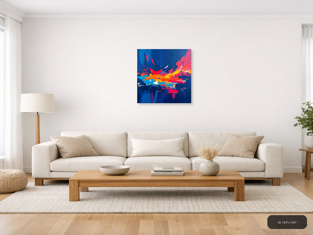Vibrant Abstract Explosion Blue Red Yellow Wall Art — A3 / Living Room