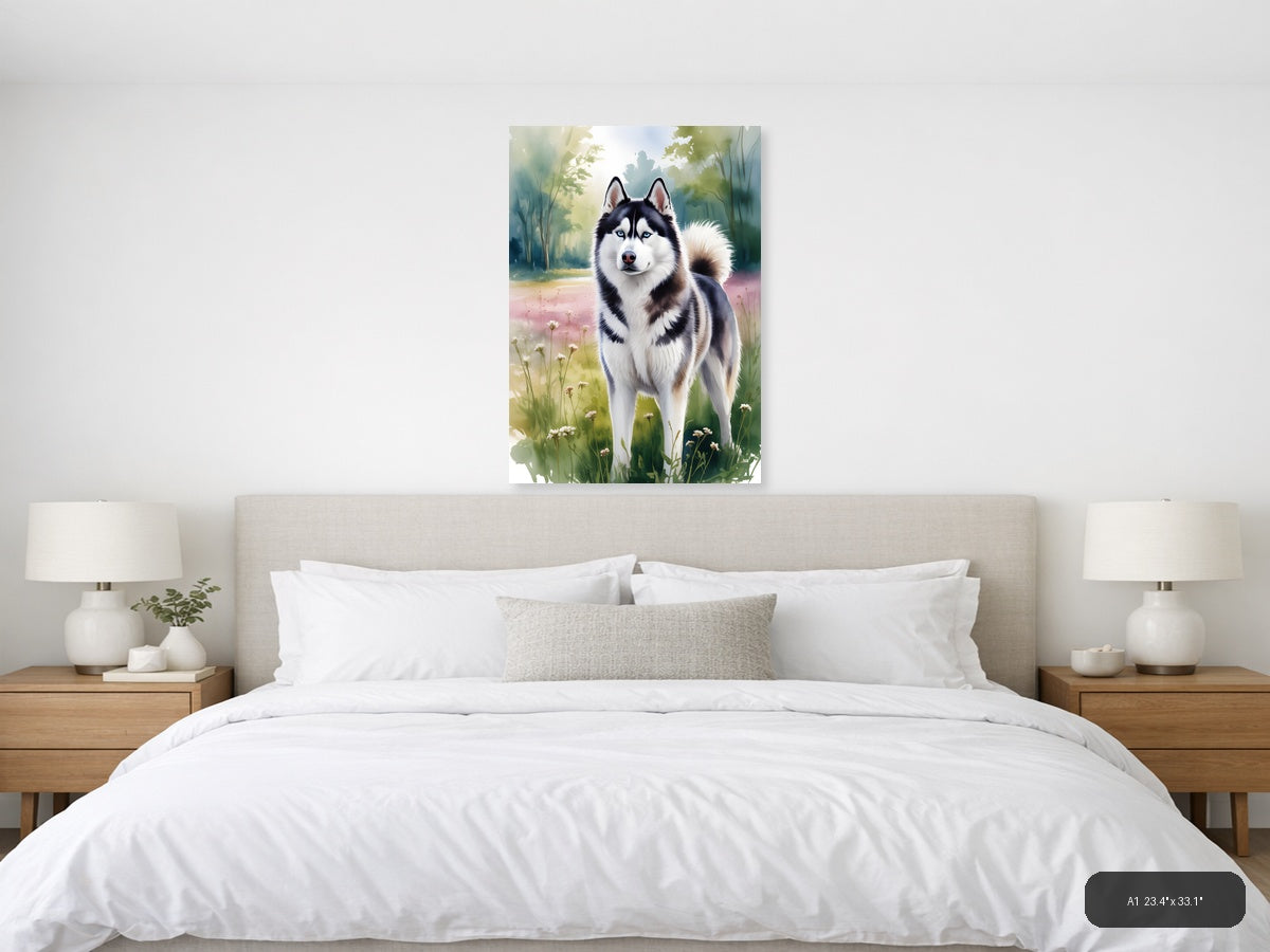 Husky Dog in Wildflower Meadow Watercolor Wall Art — A1 / Bedroom