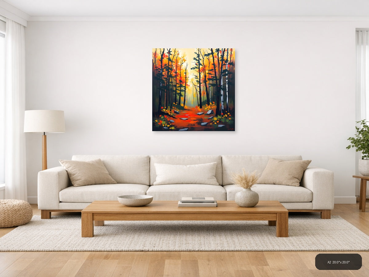 Autumn Forest Path Abstract Orange Wall Art — A2 / Living Room