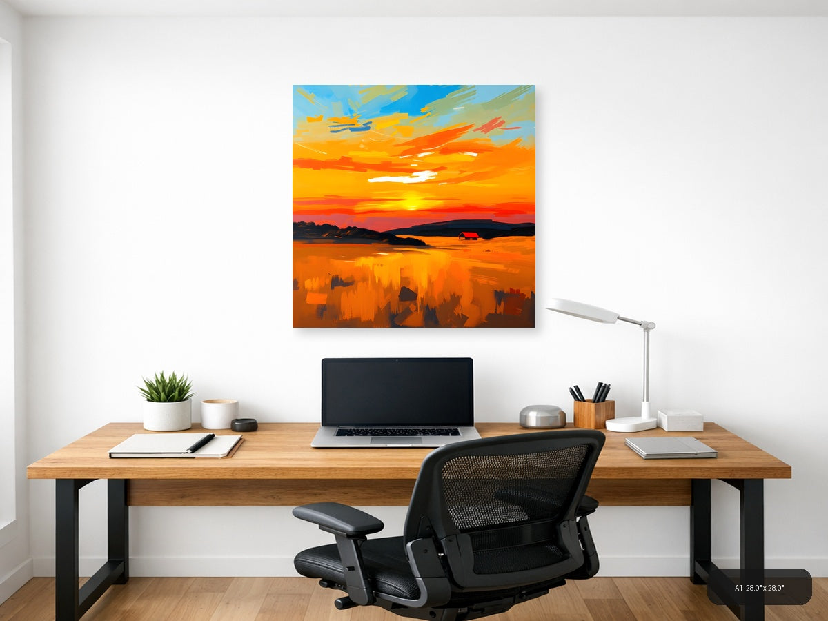 Abstract Sunset Landscape with Red Barn Wall Art — A1 / Office