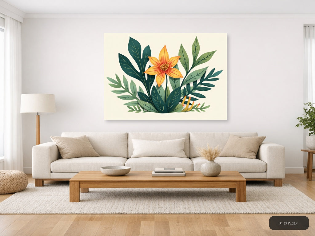 Botanical Orange Flower with Green Leaves Wall Art — A1 / Living Room