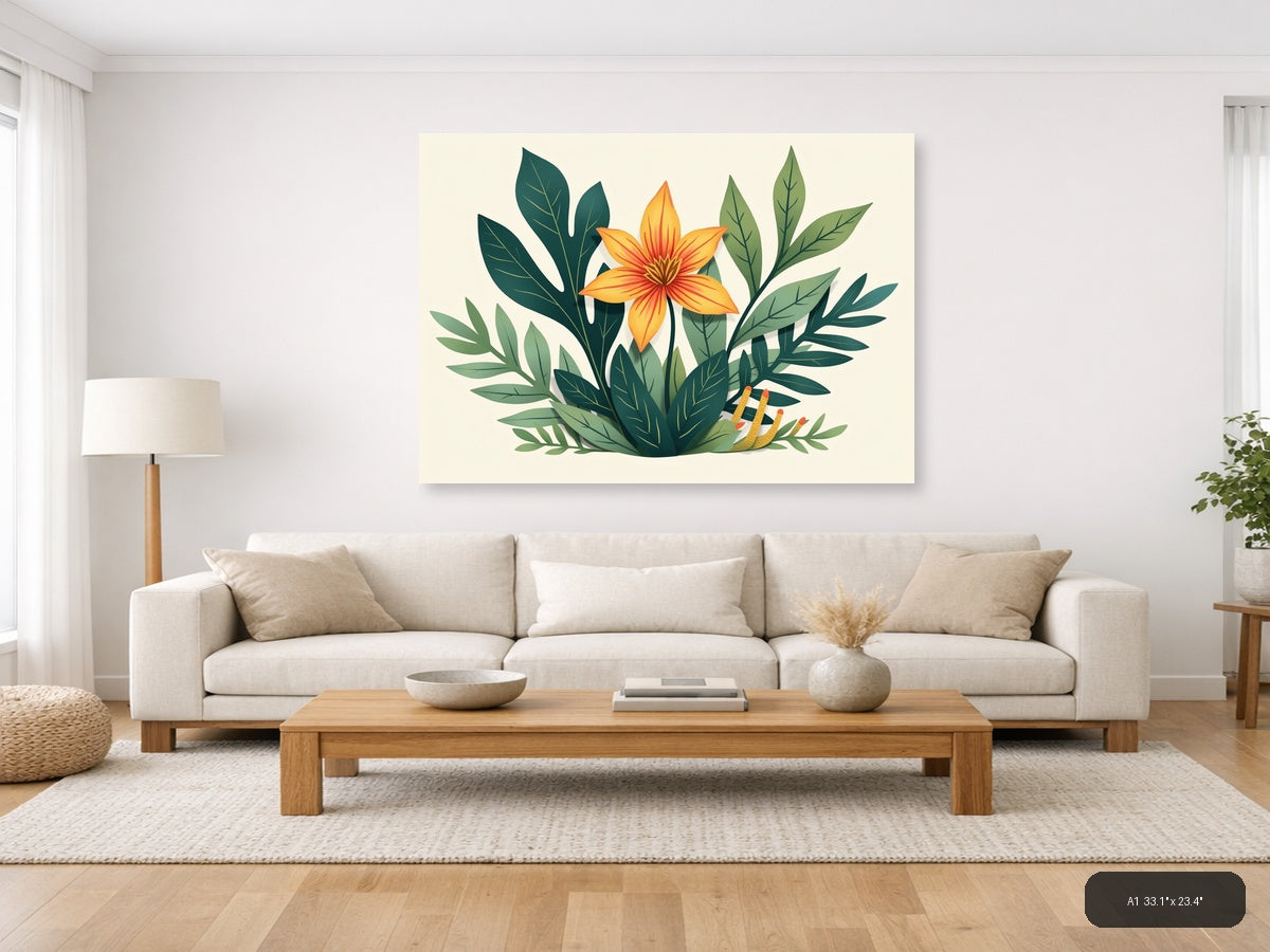 Botanical Orange Flower with Green Leaves Wall Art — A1 / Living Room