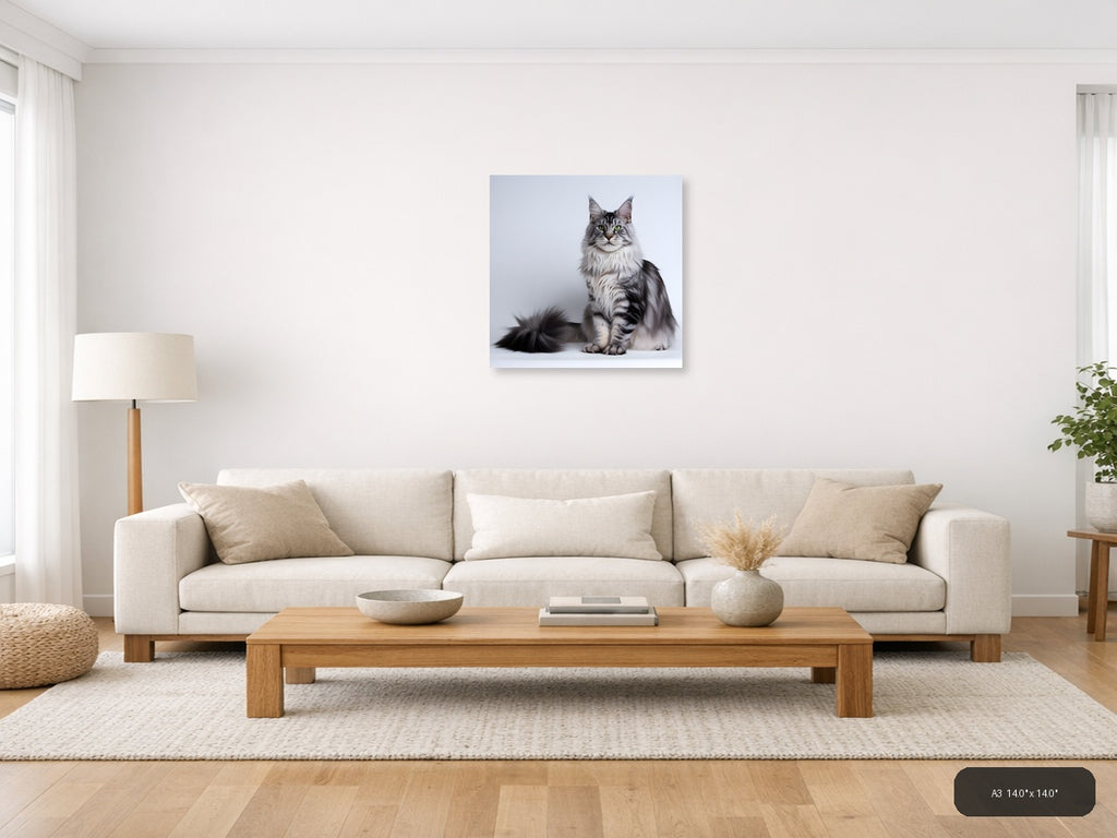 Gray Tabby Cat Portrait Minimalist Wall Art — A3 / Living Room