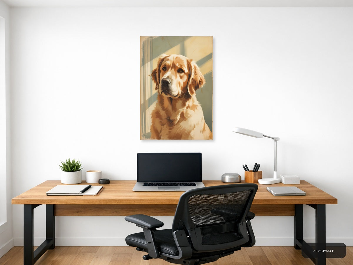 Brown & White Dog Portrait Vintage Style Wall Art — A1 / Office