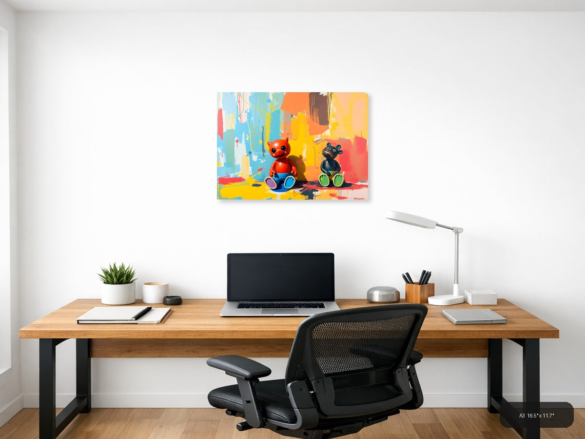 Colorful Cat & Bear Abstract Canvas Wall Art — A3 / Office