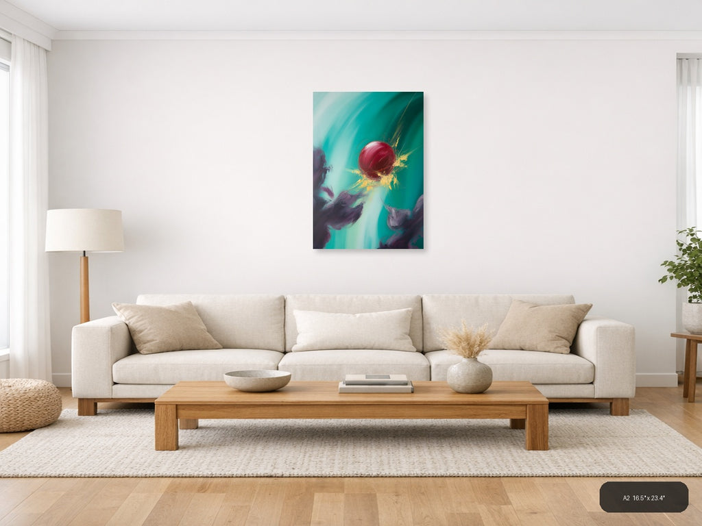 Abstract Red Sphere Turquoise Splash Modern Wall Art — A2 / Living Room