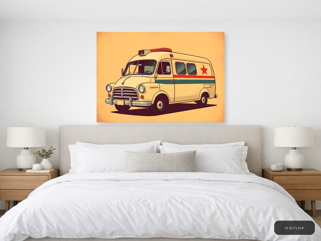 Vintage Cream Ambulance Illustration - Retro Wall Art — A1 / Bedroom