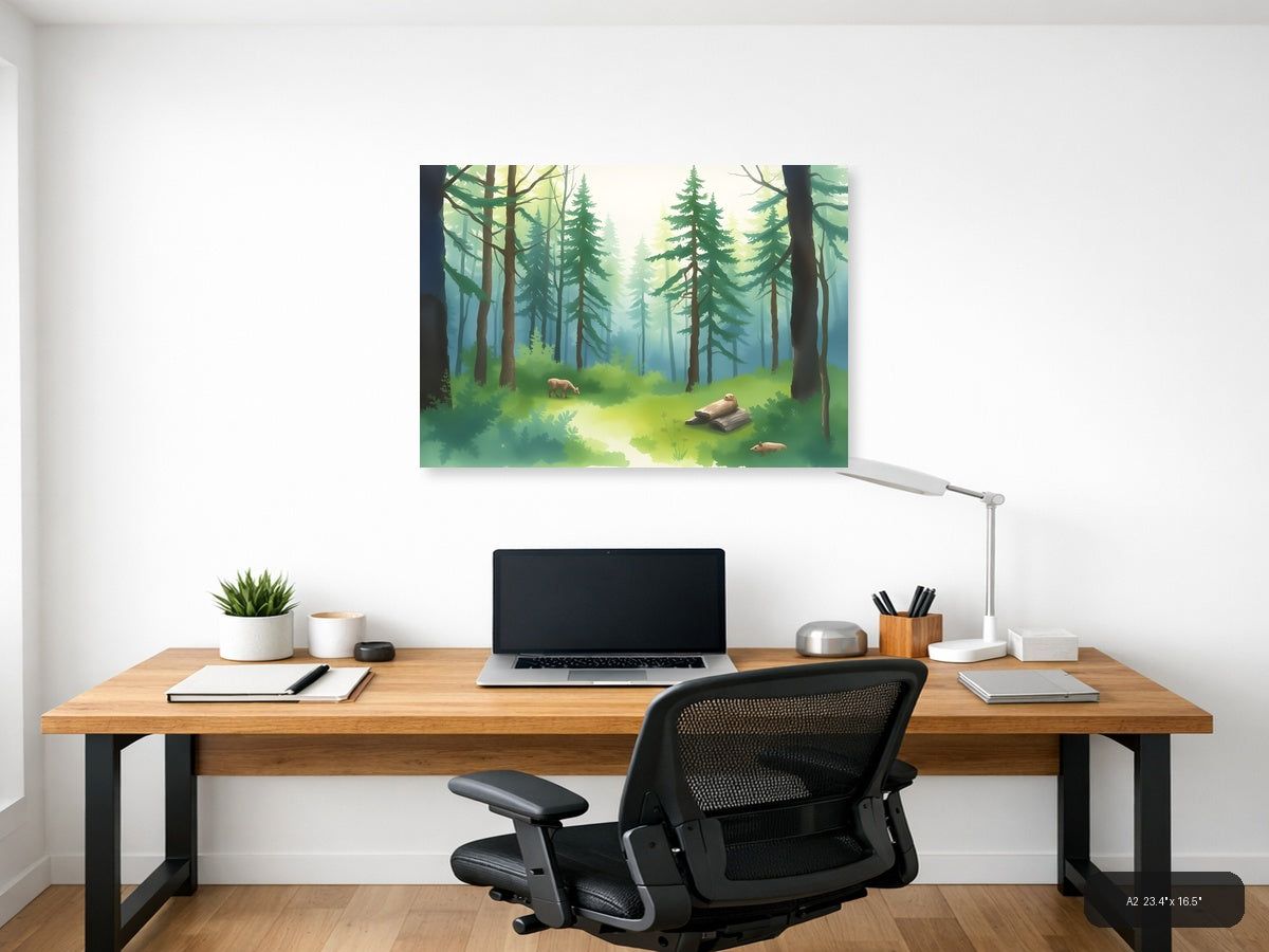 Misty Forest Stream with Wildlife Watercolor Wall Art — A2 / Office