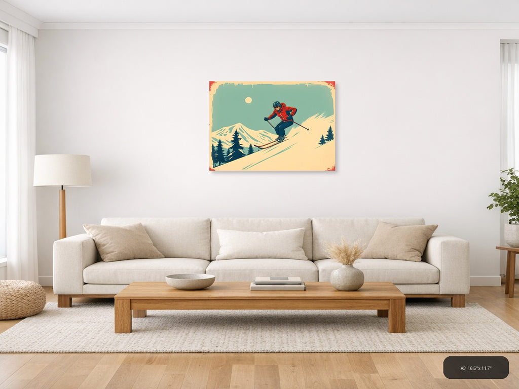 Vintage Skier on Mountain Slope Wall Art — A3 / Living Room