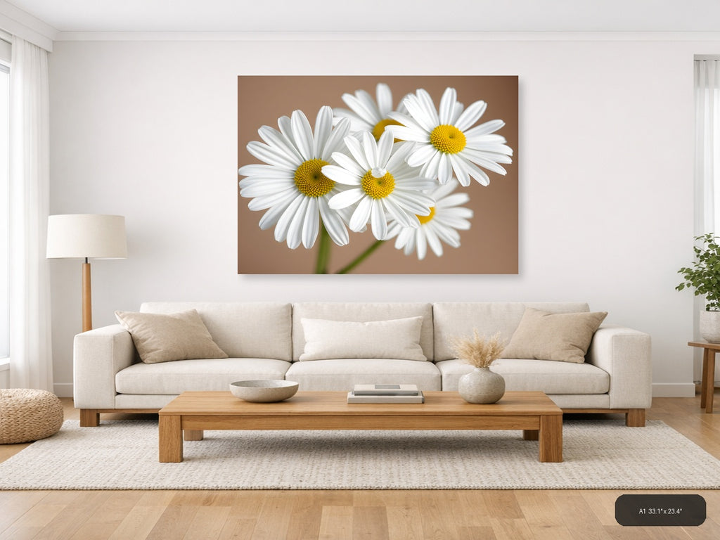 White Daisies with Yellow Centers Minimalist Wall Art — A1 / Living Room