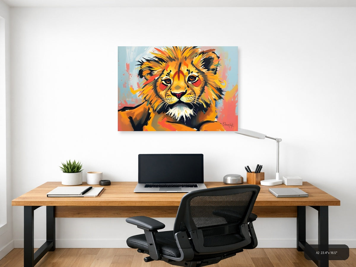 Abstract Lion Portrait - Vibrant Orange Wall Art — A2 / Office