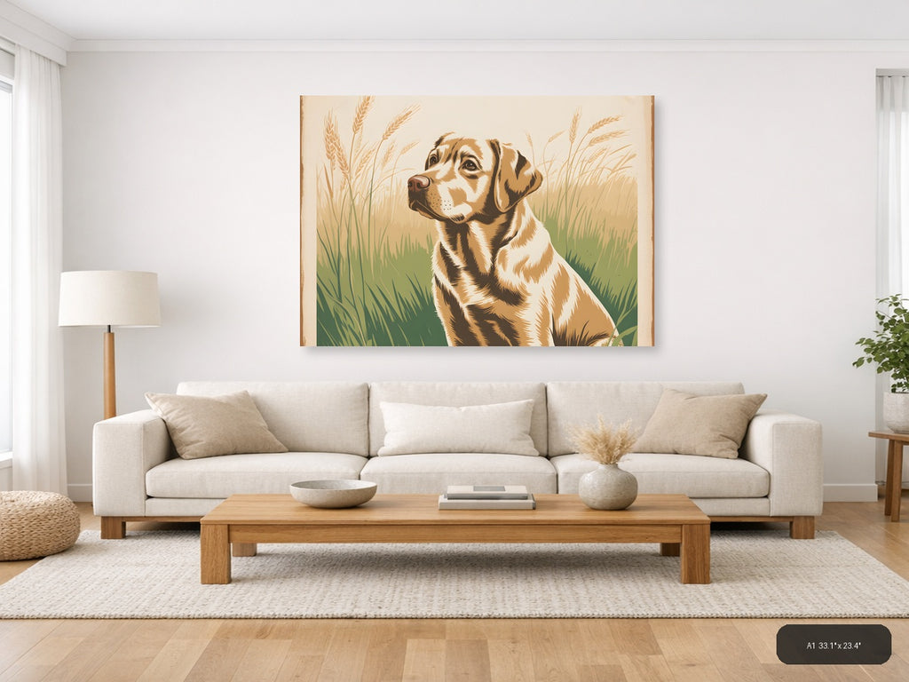 Vintage Hunting Dog in Wheat Field Wall Art — A1 / Living Room