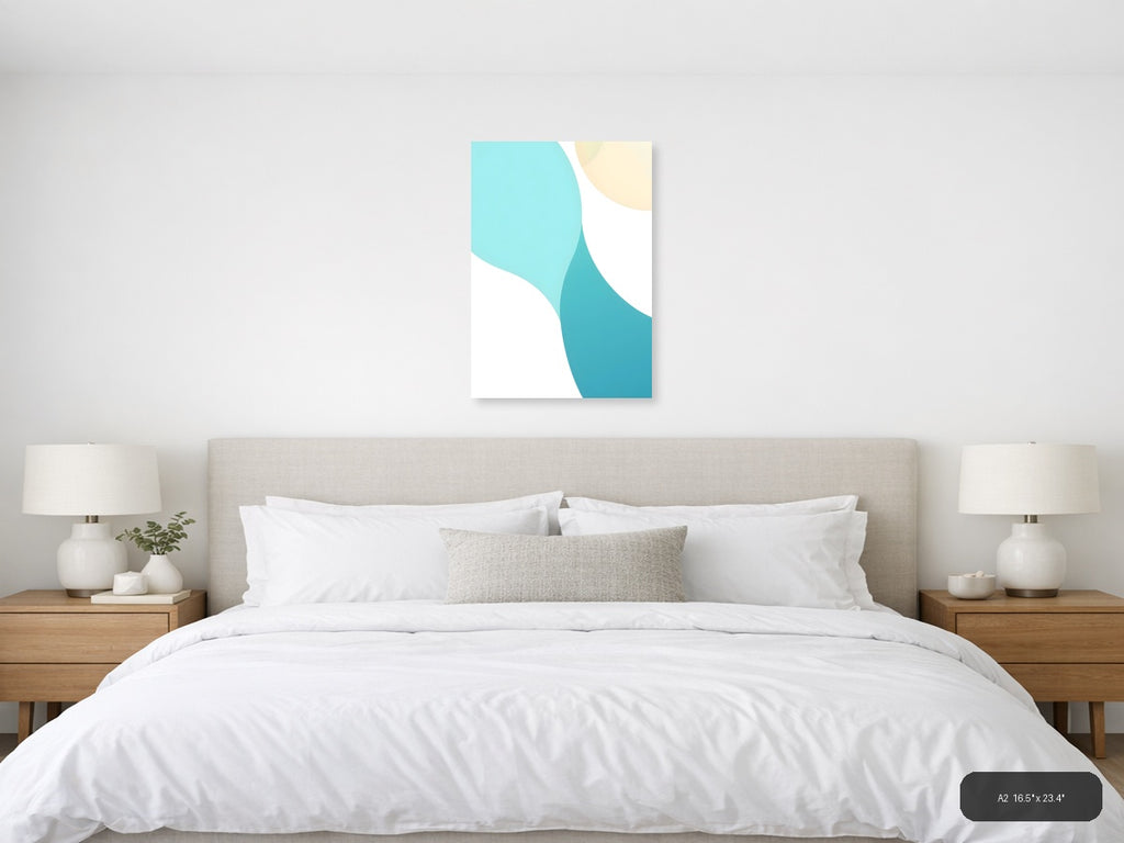 Minimalist Turquoise and Cream Abstract Curves Wall Art — A2 / Bedroom