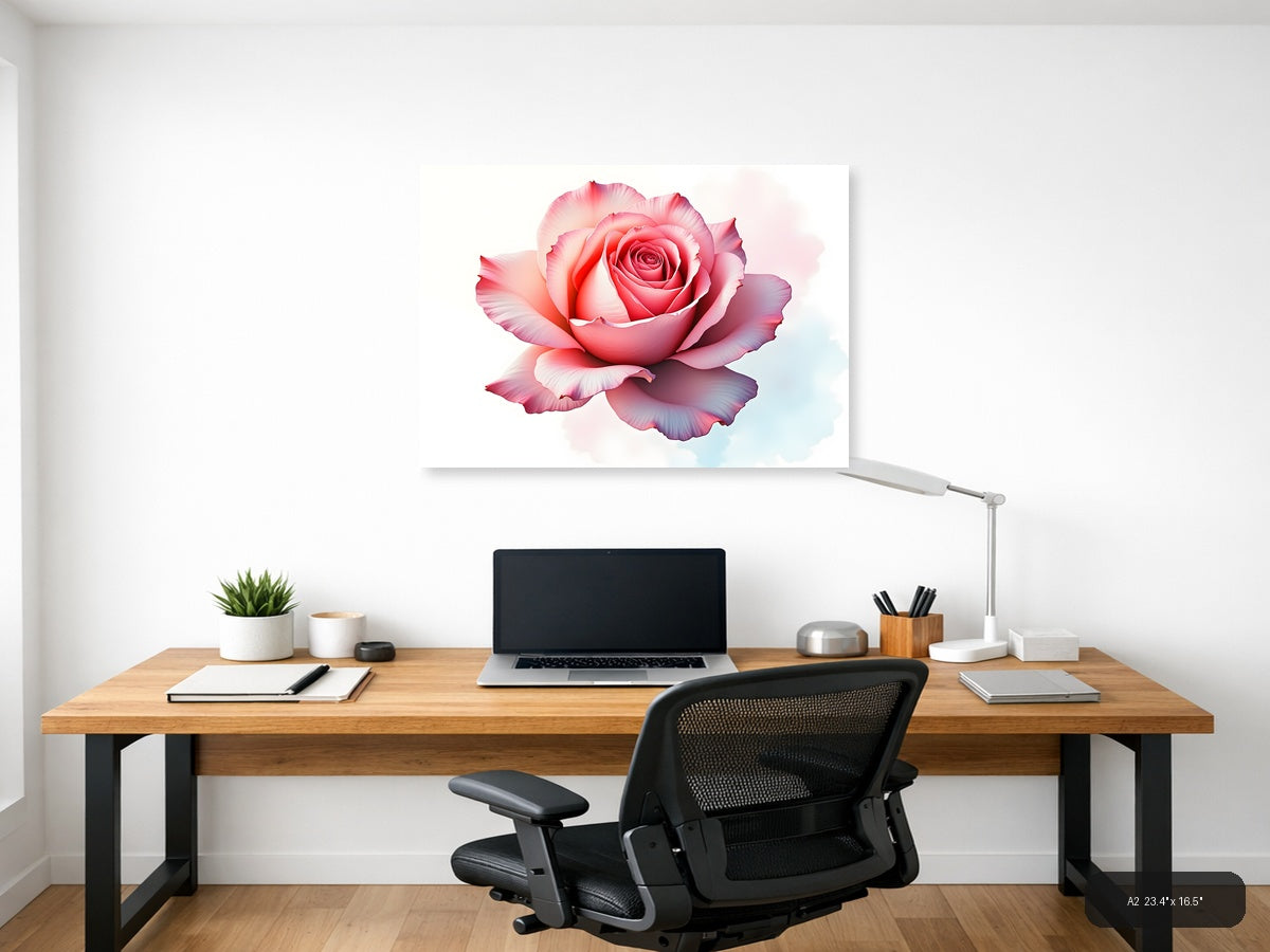 Pink Watercolor Rose Bloom Wall Art — A2 / Office