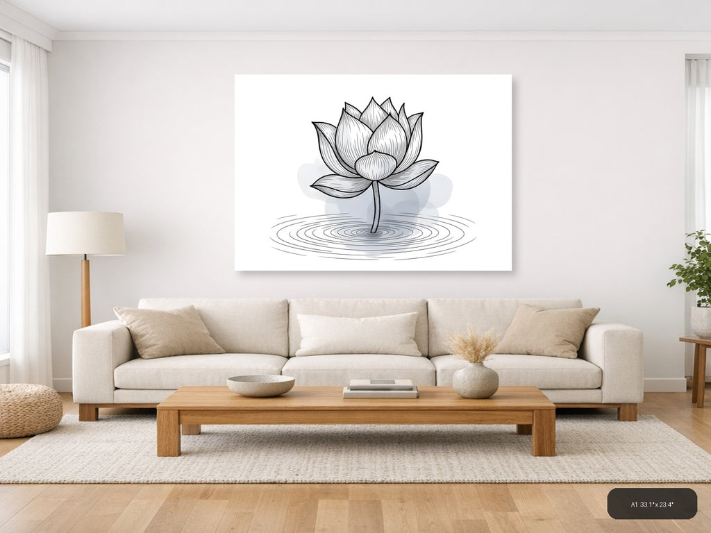 Lotus Flower Line Art with Ripple Water Effect Wall Art — A1 / Living Room
