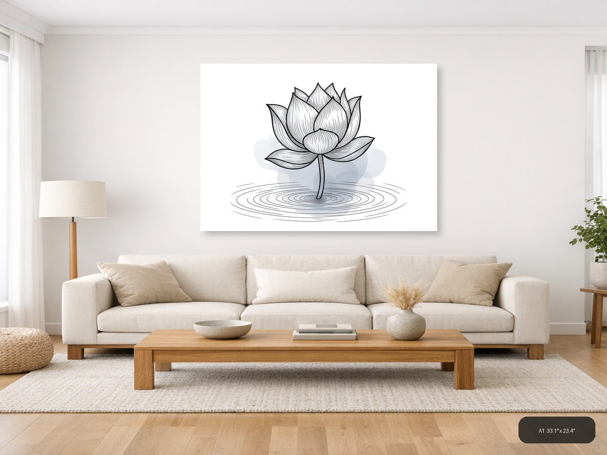 Lotus Flower Line Art with Ripple Water Effect Wall Art — A1 / Living Room