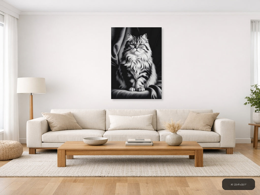 Fluffy Long-Haired Tabby Cat Portrait Photography Wall Art — A1 / Living Room