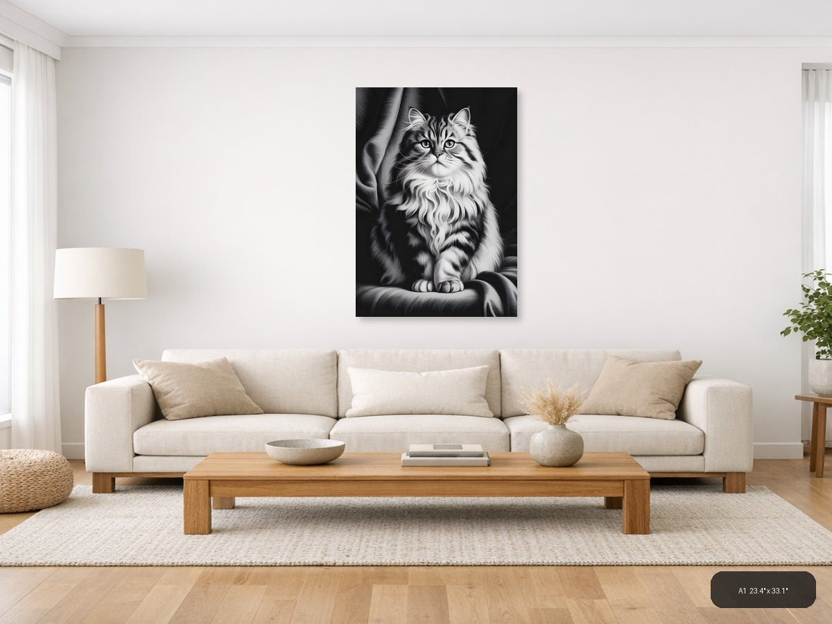 Fluffy Long-Haired Tabby Cat Portrait Photography Wall Art — A1 / Living Room