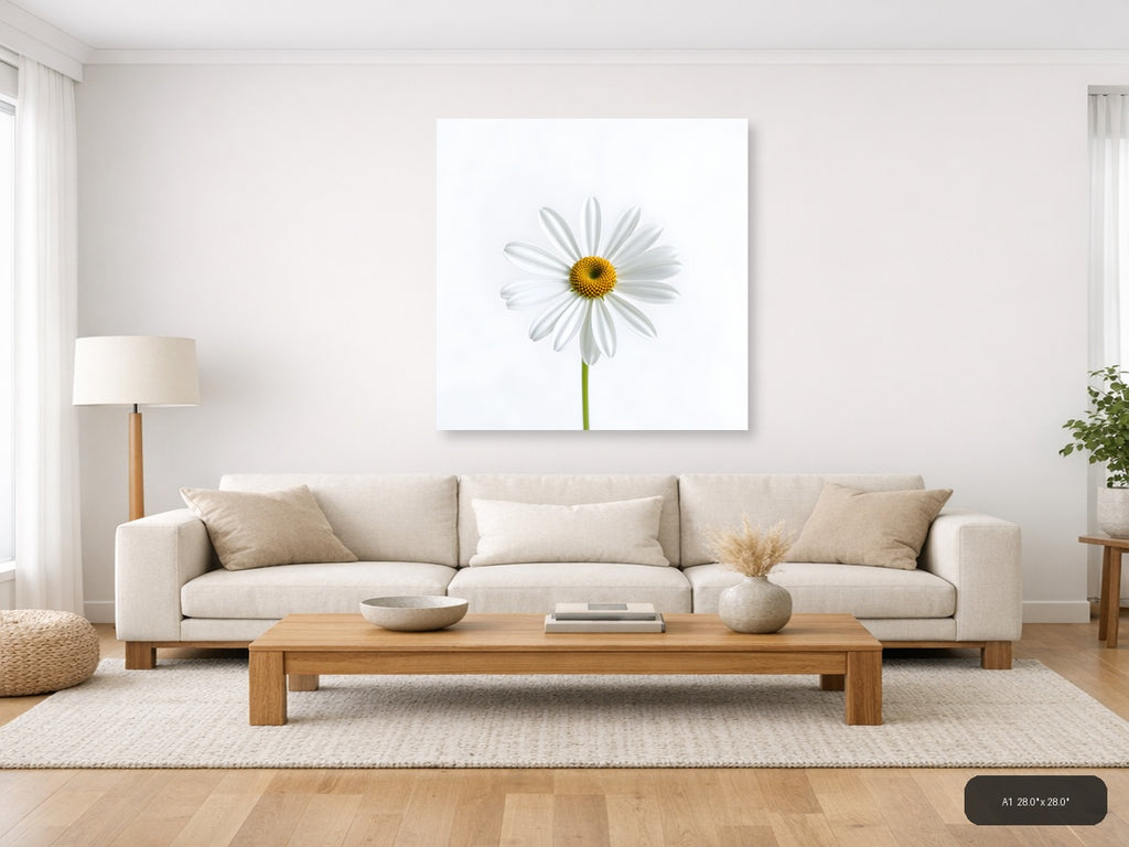 White Daisy with Yellow Center Minimalist Wall Art — A1 / Living Room