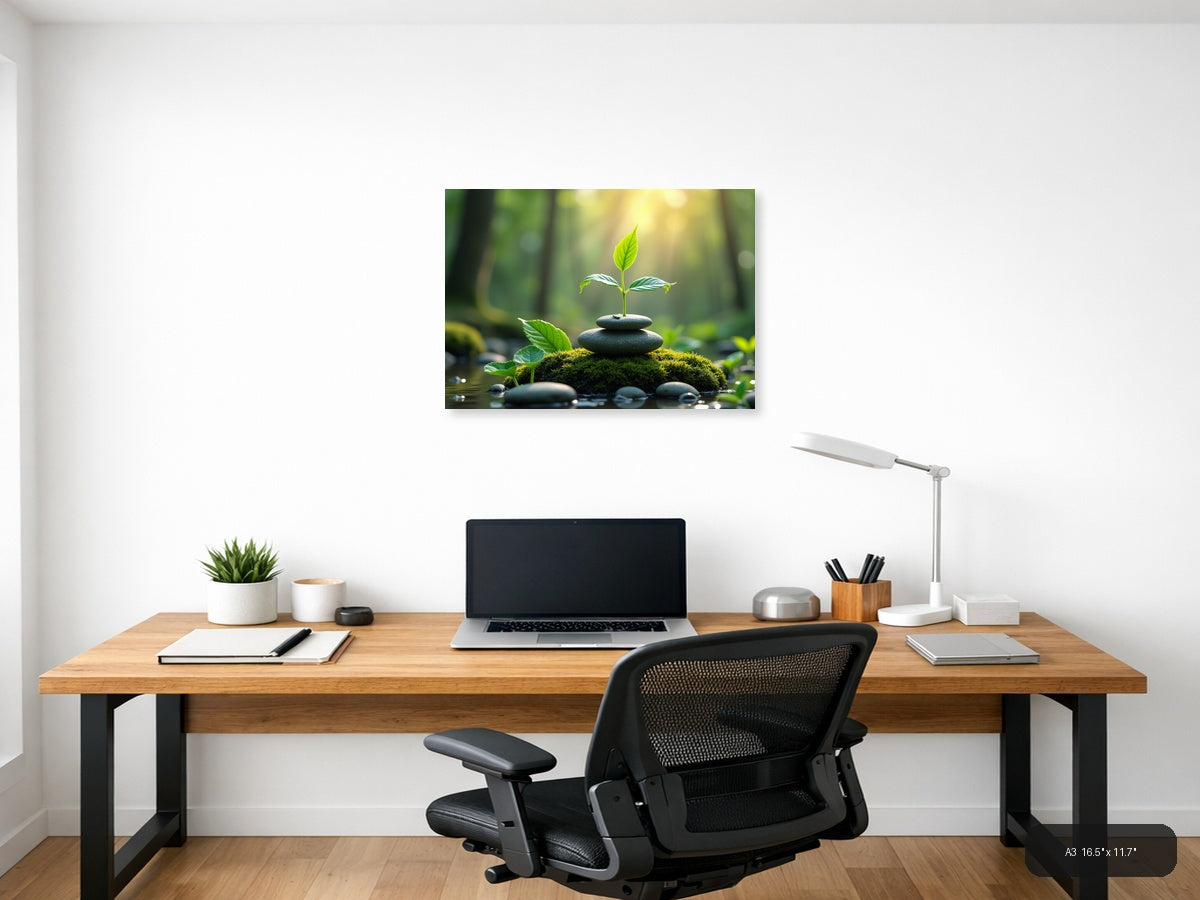 Young Plant on Stacked Stones Botanical Wall Art — A3 / Office