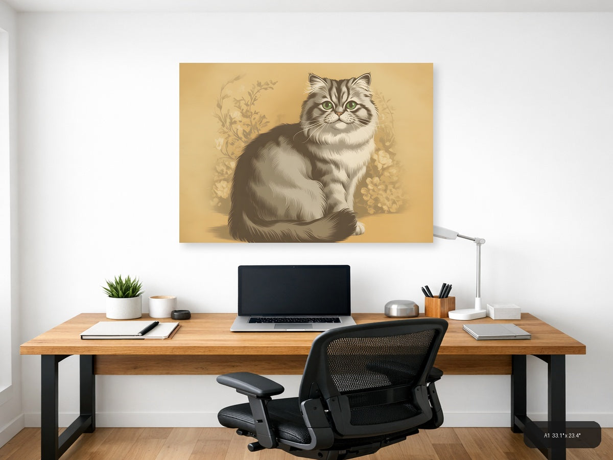 Vintage Fluffy Cat Portrait with Green Eyes Wall Art — A1 / Office