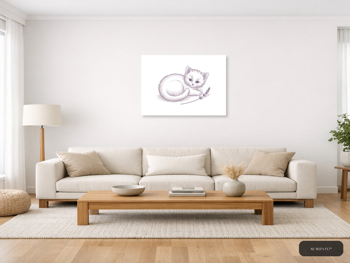 White Kitten with Lavender - Minimalist Wall Art — A3 / Living Room