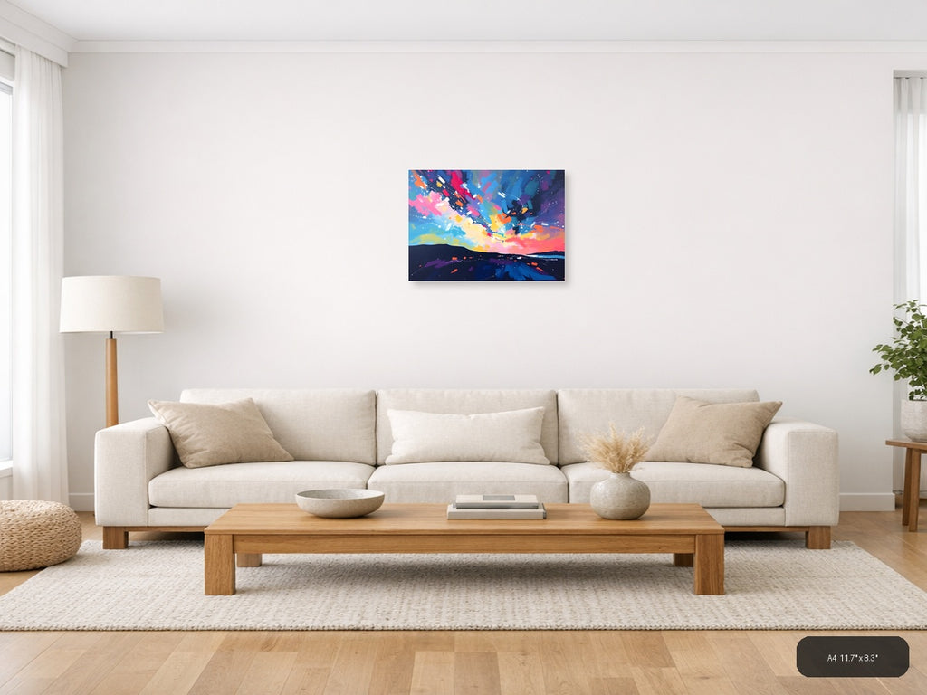 Vibrant Abstract Sunset Explosion Landscape Wall Art — A4 / Living Room