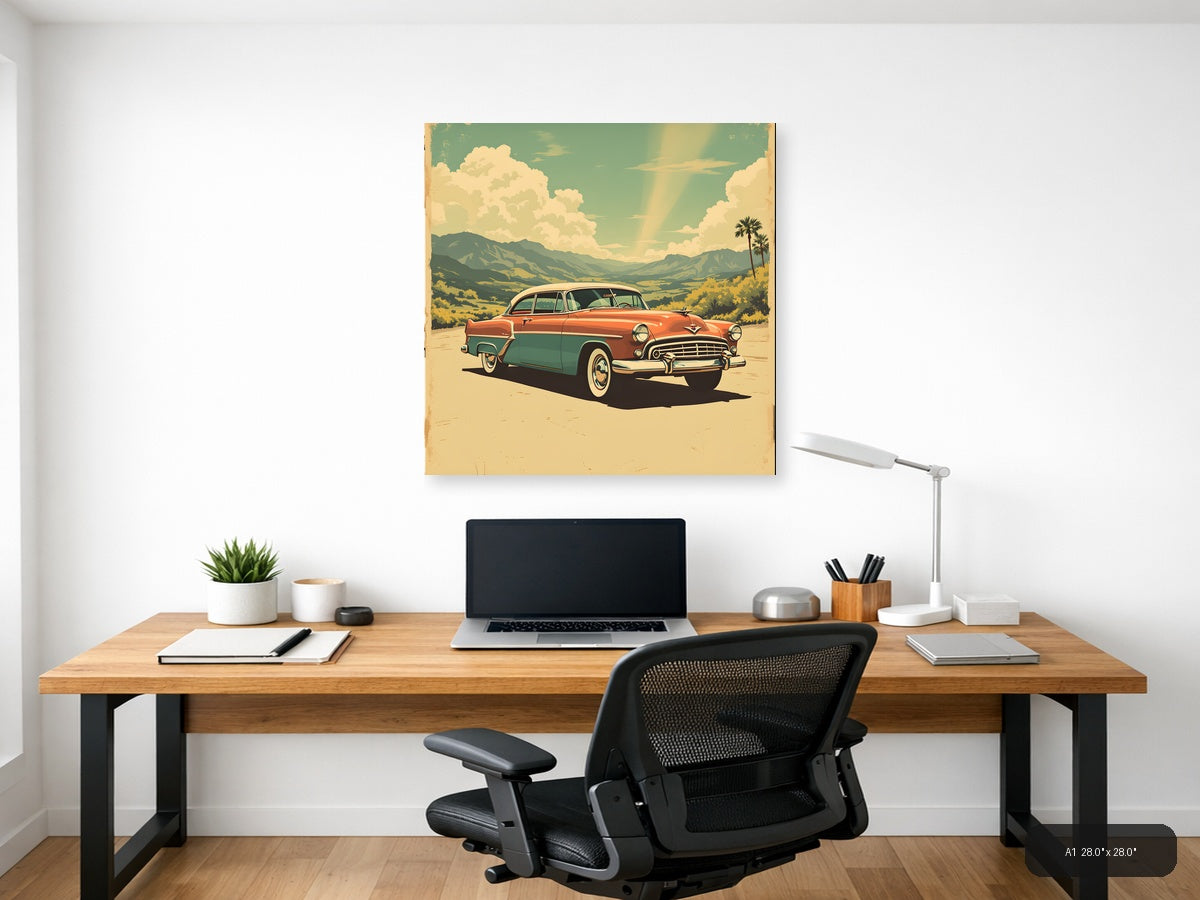 Vintage 1950s Classic Car Desert Landscape Wall Art — A1 / Office