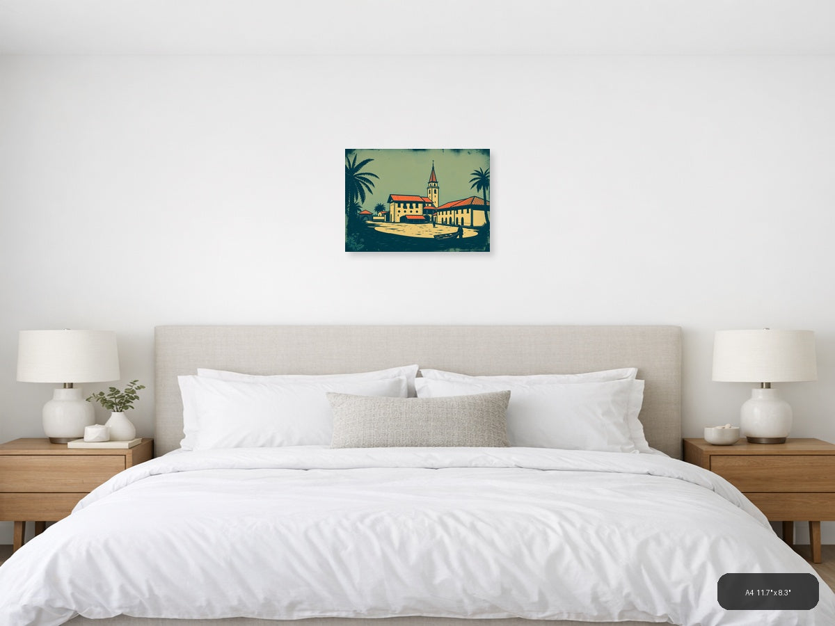 Vintage Tropical Church Landscape Wall Art — A4 / Bedroom