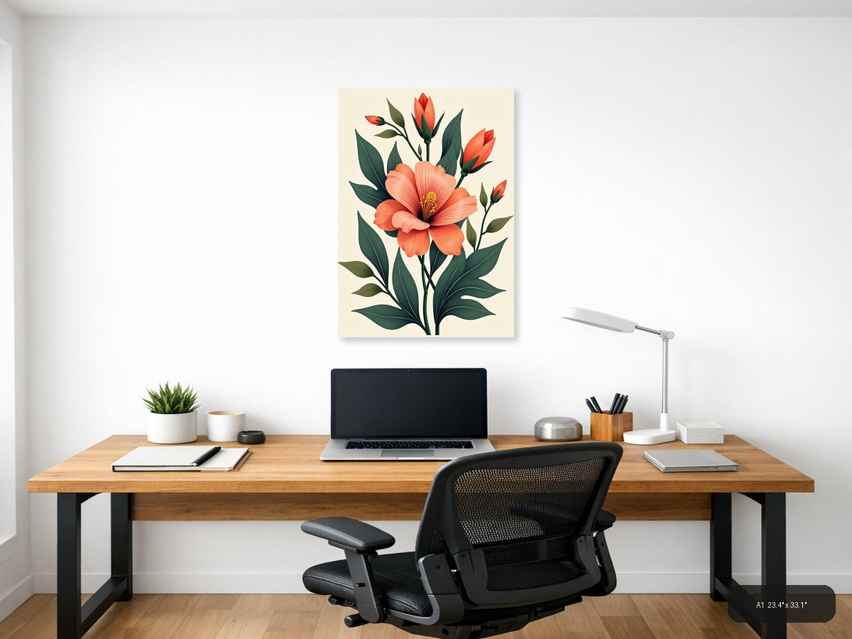 Coral Hibiscus Botanical Illustration Portrait Wall Art — A1 / Office