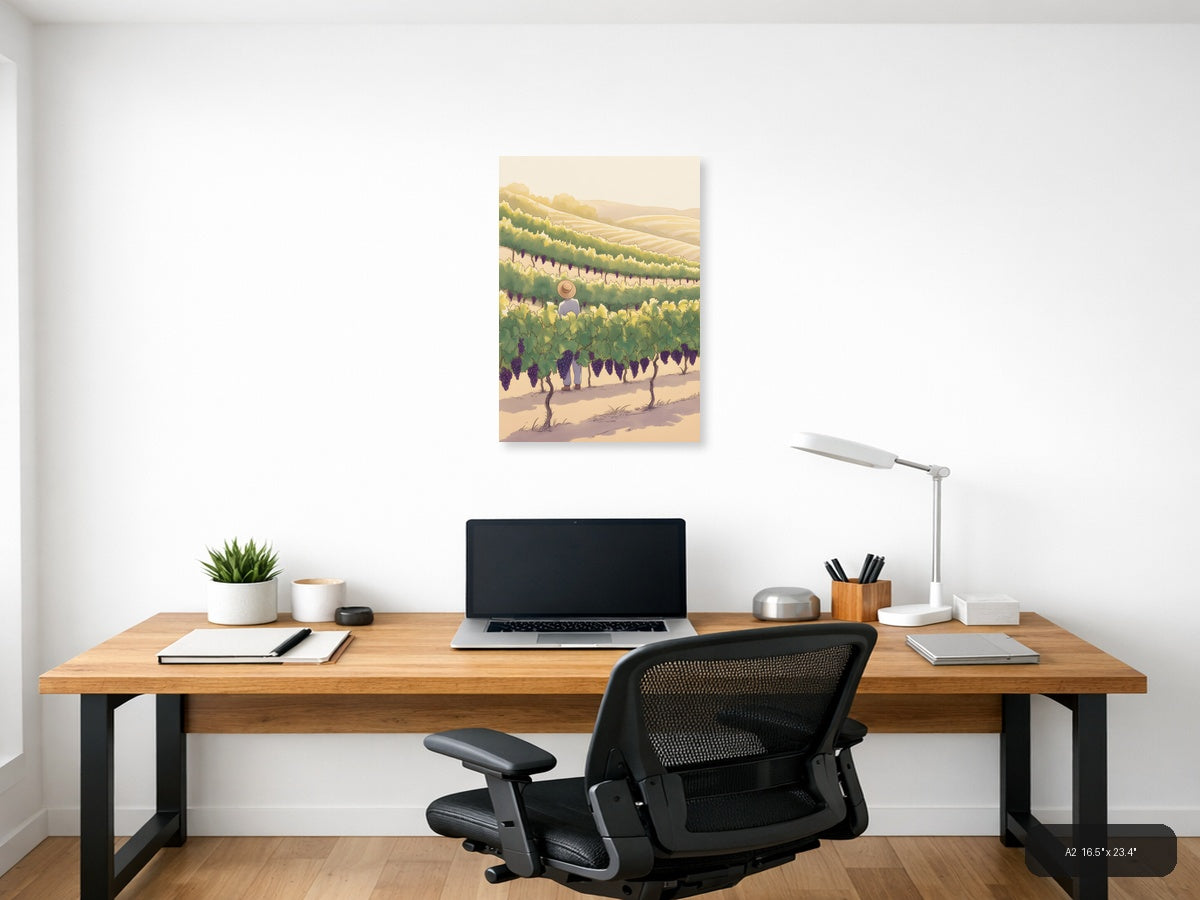 Vineyard Worker in Purple Grape Fields Line Art Wall Art — A2 / Office