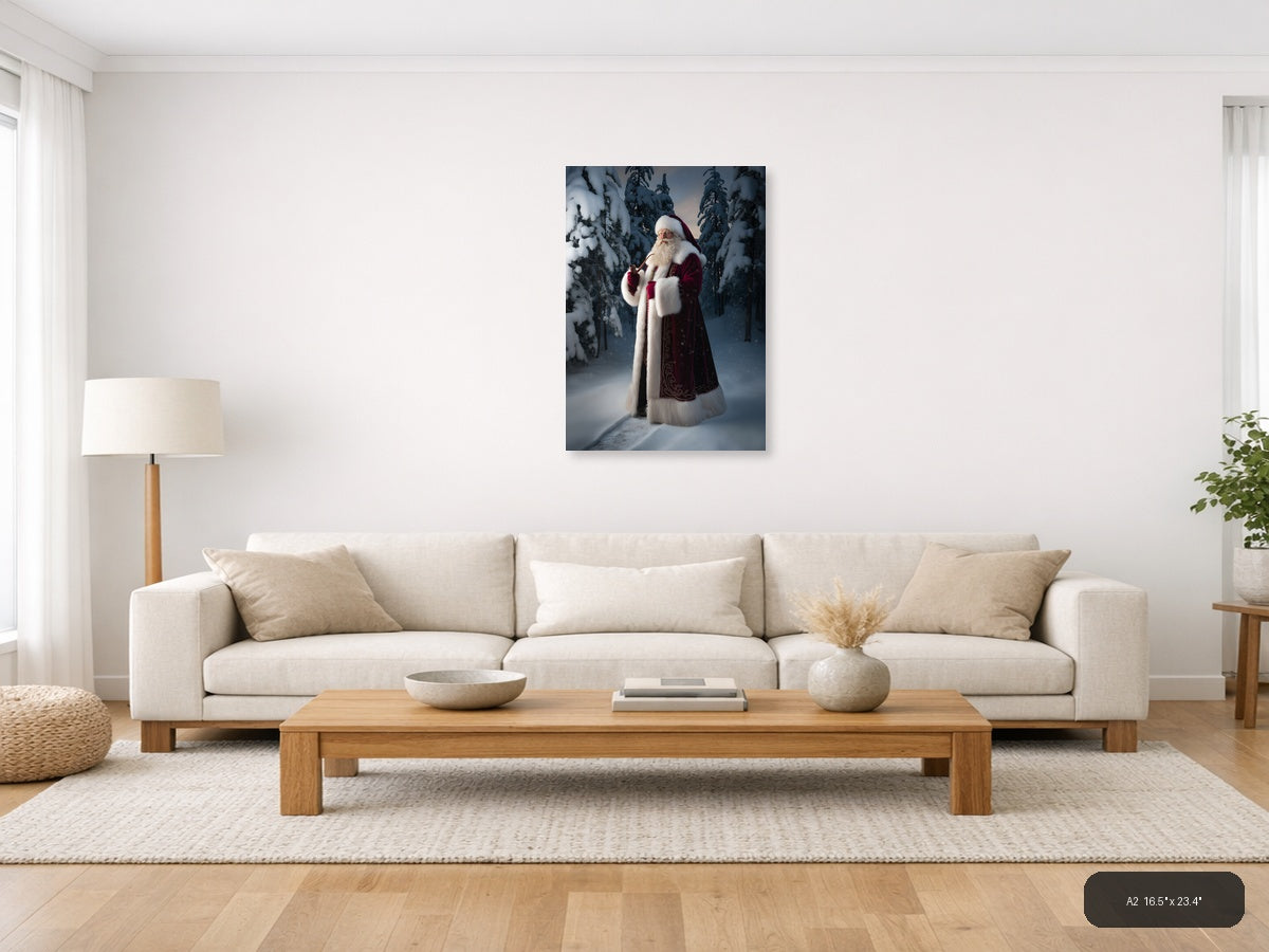 Santa in Snowy Forest Portrait Photography Wall Art — A2 / Living Room
