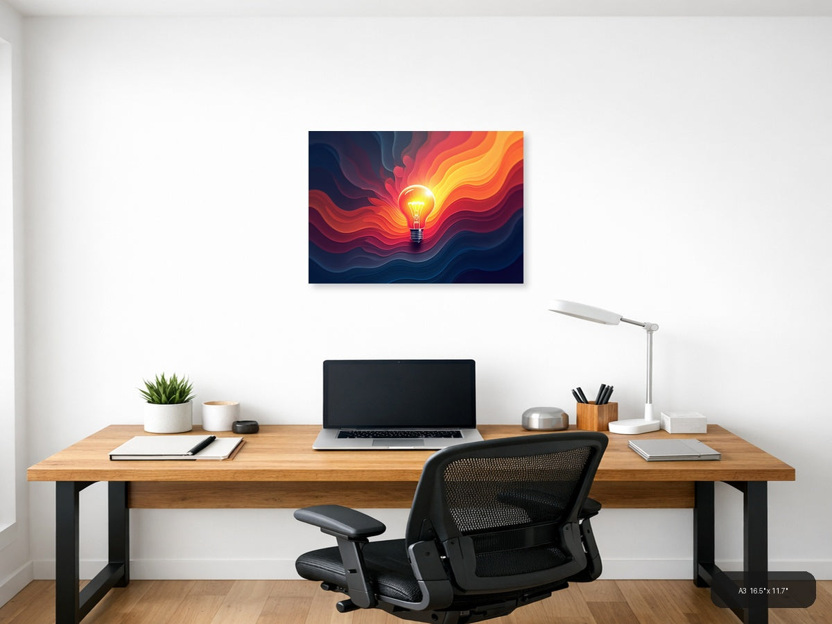 Glowing Lightbulb with Fiery Waves Abstract Art Wall Art — A3 (Office)