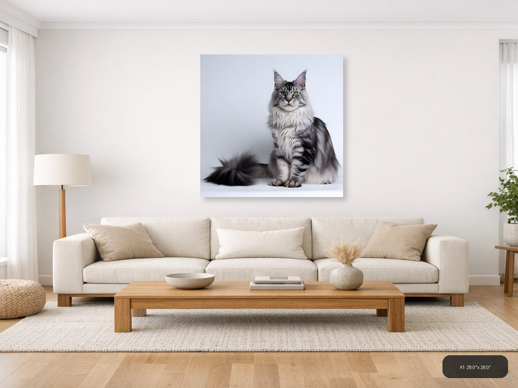 Gray Tabby Cat with Green Eyes Minimalist Wall Art — A1 / Living Room