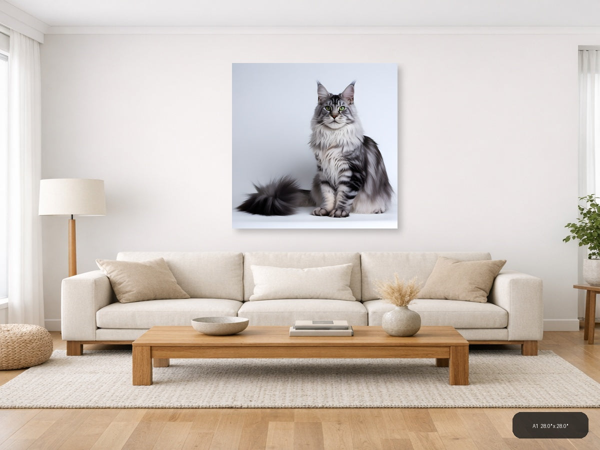 Gray Tabby Cat Portrait Minimalist Wall Art — A1 / Living Room