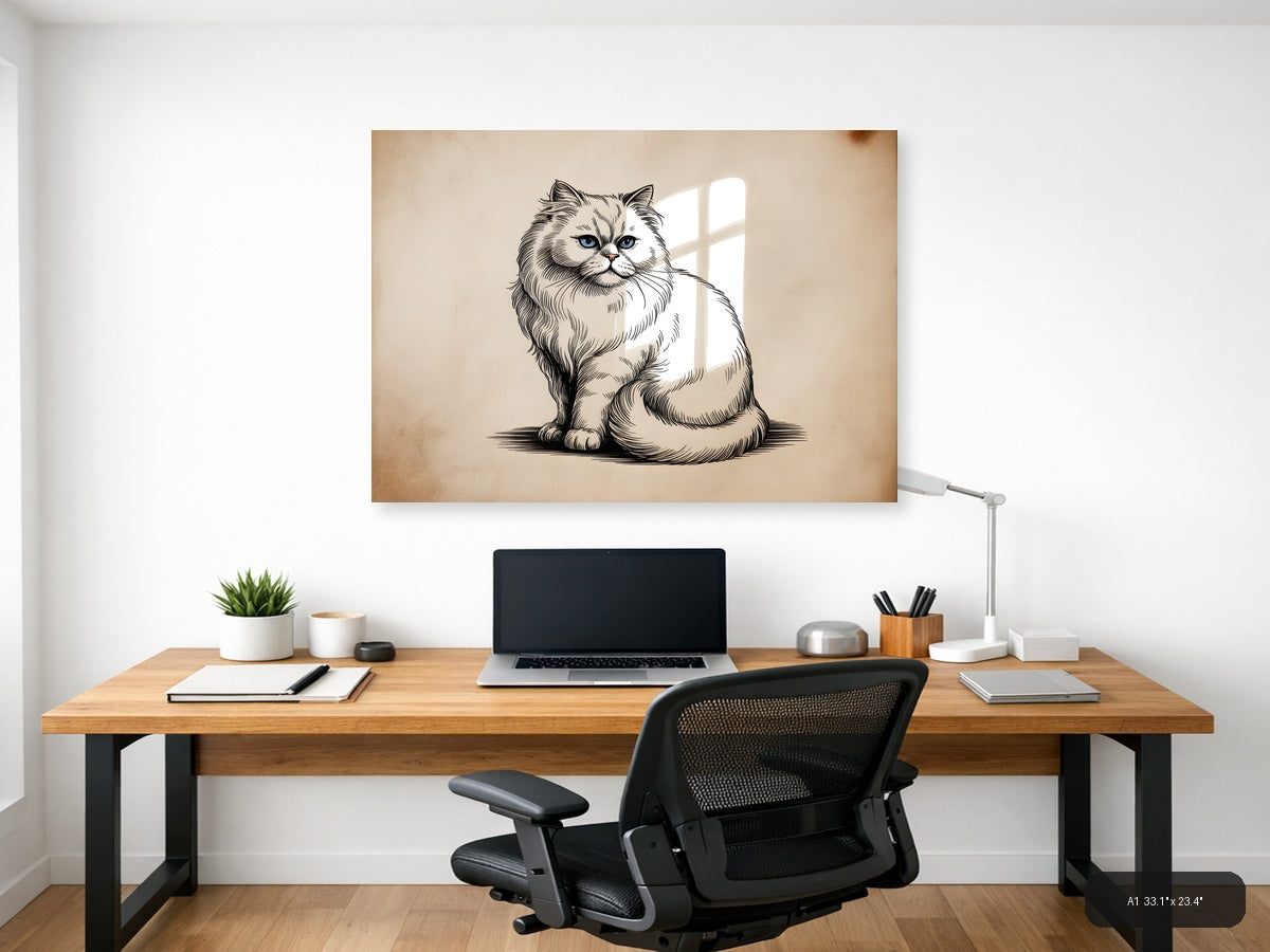 Fluffy Persian Cat Line Art Portrait Wall Art — A1 / Office