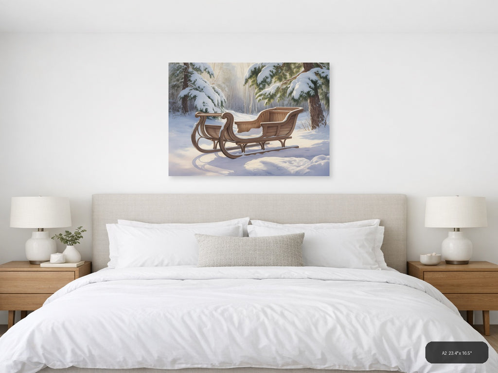 Wooden Sleigh in Snowy Forest Watercolor Wall Art — A2 / Bedroom