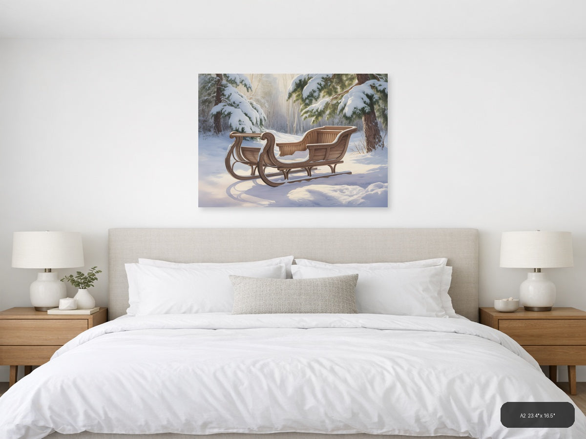 Wooden Sleigh in Snowy Forest Watercolor Wall Art — A2 / Bedroom