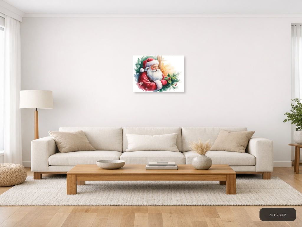 Santa Claus with Holly & Snowflakes Watercolor Wall Art — A4 / Living Room
