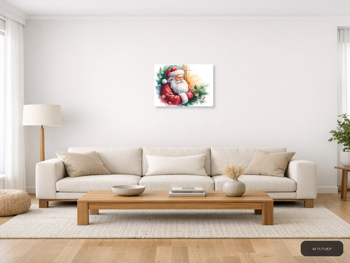 Santa Claus with Holly & Snowflakes Watercolor Wall Art — A4 / Living Room