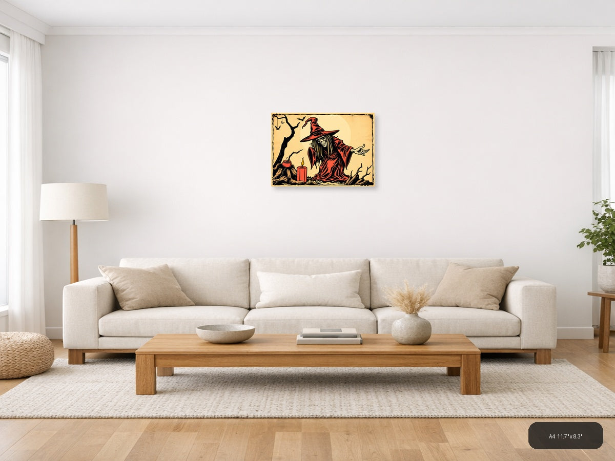 Vintage Witch in Red Robe Halloween Wall Art — A4 / Living Room