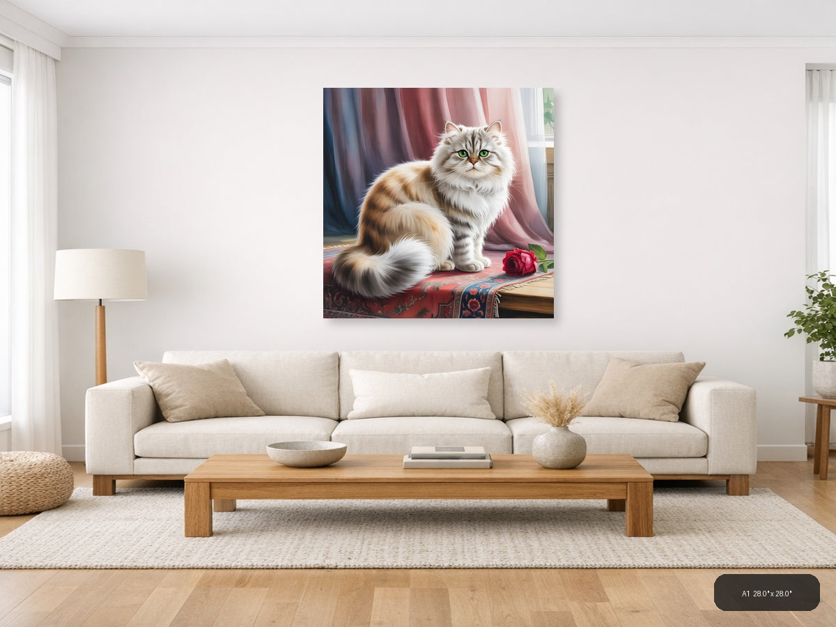Fluffy Cat with Green Eyes Watercolor Wall Art — A1 / Living Room