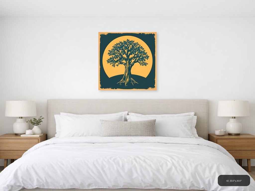 Vintage Tree of Life Against Golden Sun Wall Art — A2 / Bedroom