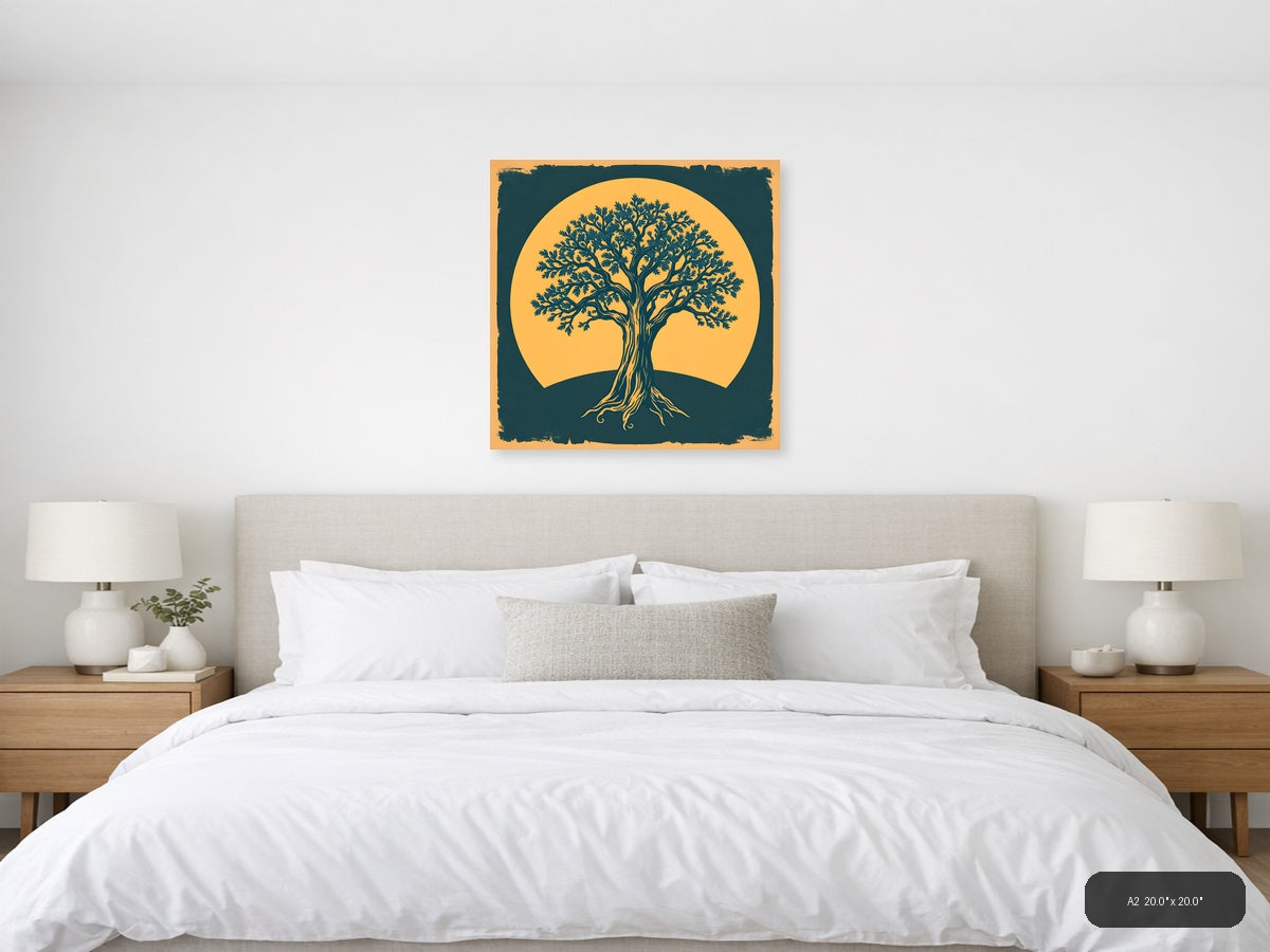 Vintage Tree of Life Against Golden Sun Wall Art — A2 / Bedroom