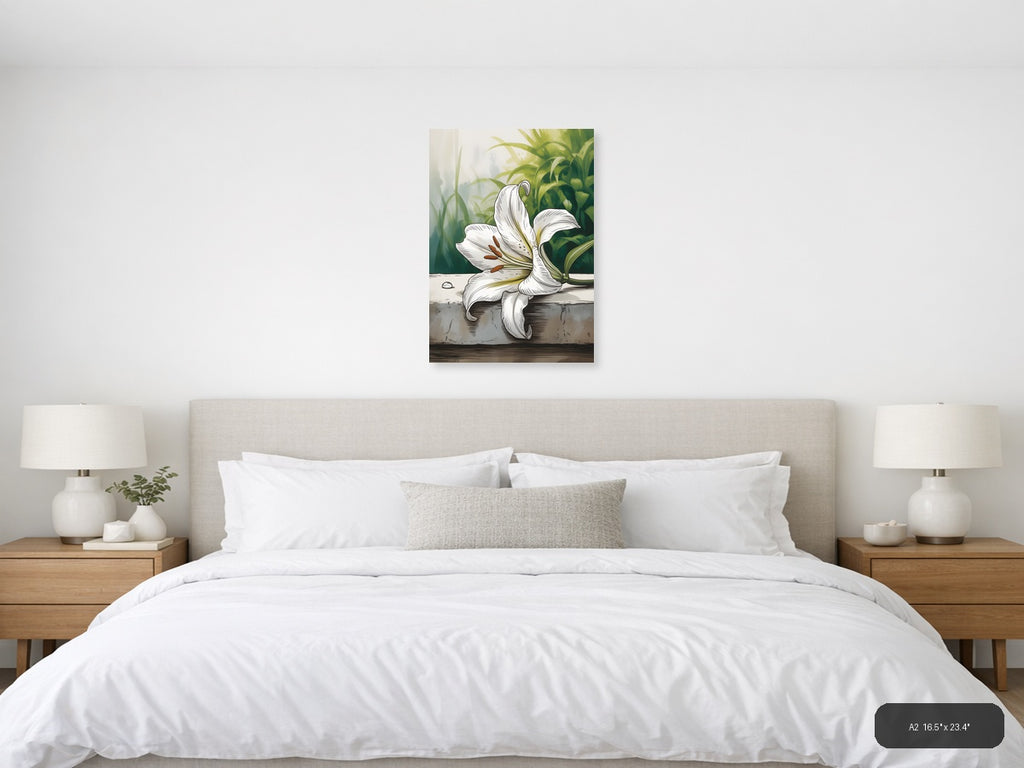 White Lily Line Art Botanical Drawing Wall Art — A2 / Bedroom